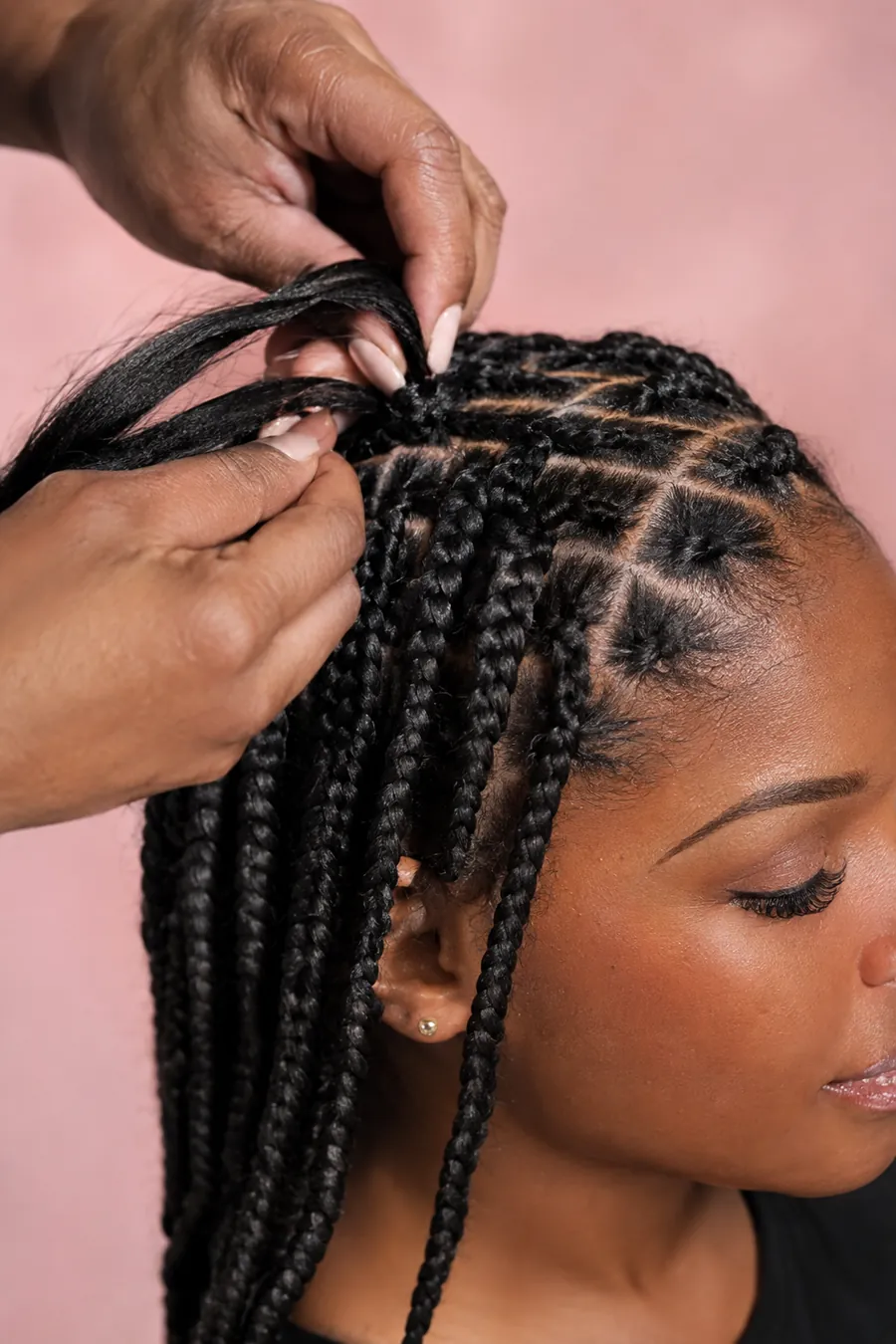 Close-up of a stylist braiding neat knotless braids with clean parts