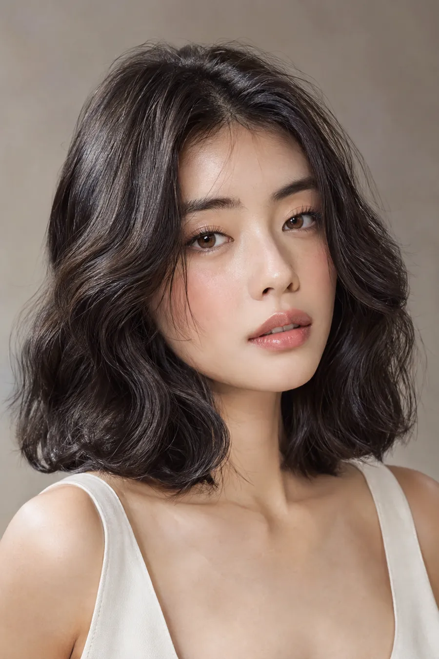 Woman with a glossy wavy lob with face-framing layers