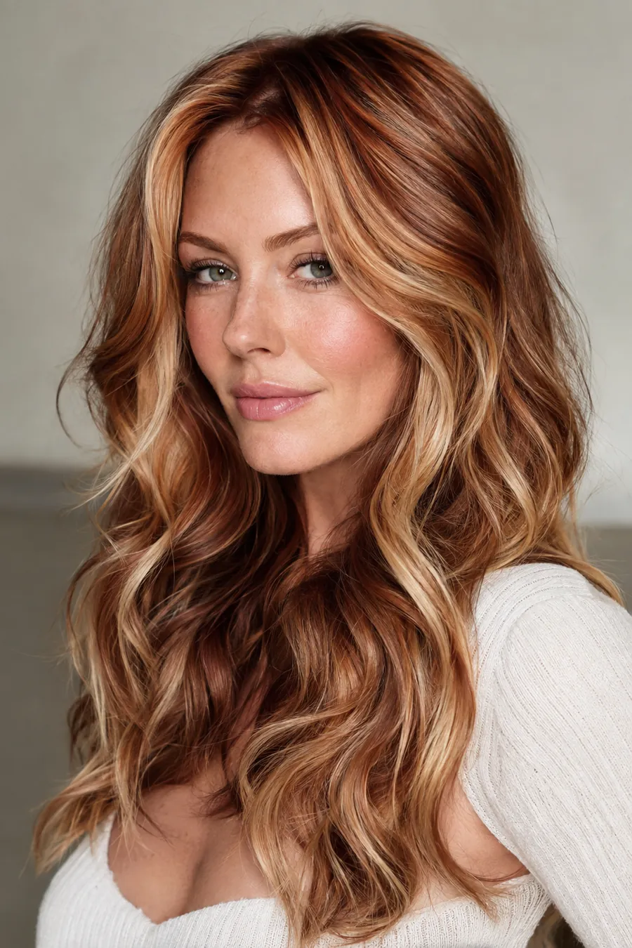 Woman with fresh copper and blonde balayage waves