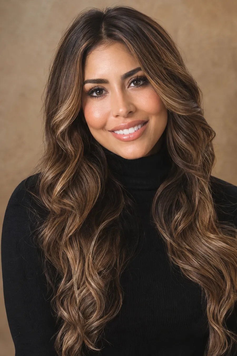 Smiling woman with very long honey brown balayage extensions in soft waves
