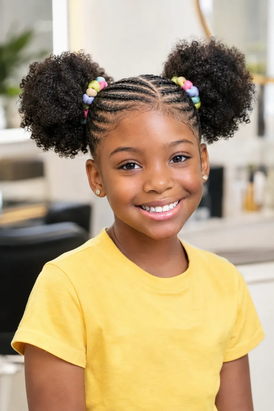 Smiling young girl with neat cornrows styled into two puffs