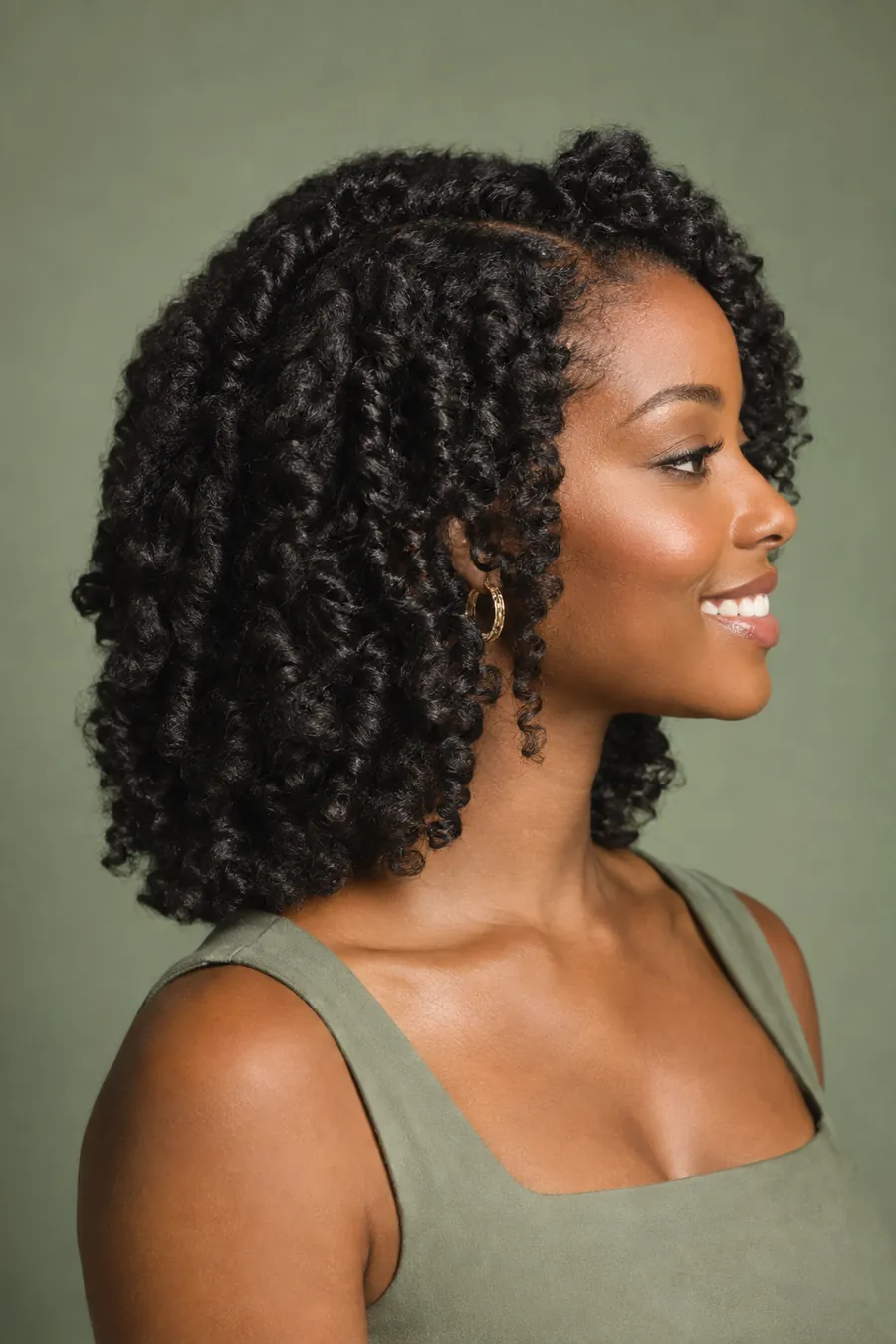 Side profile of a smiling woman with a defined, shiny twist-out