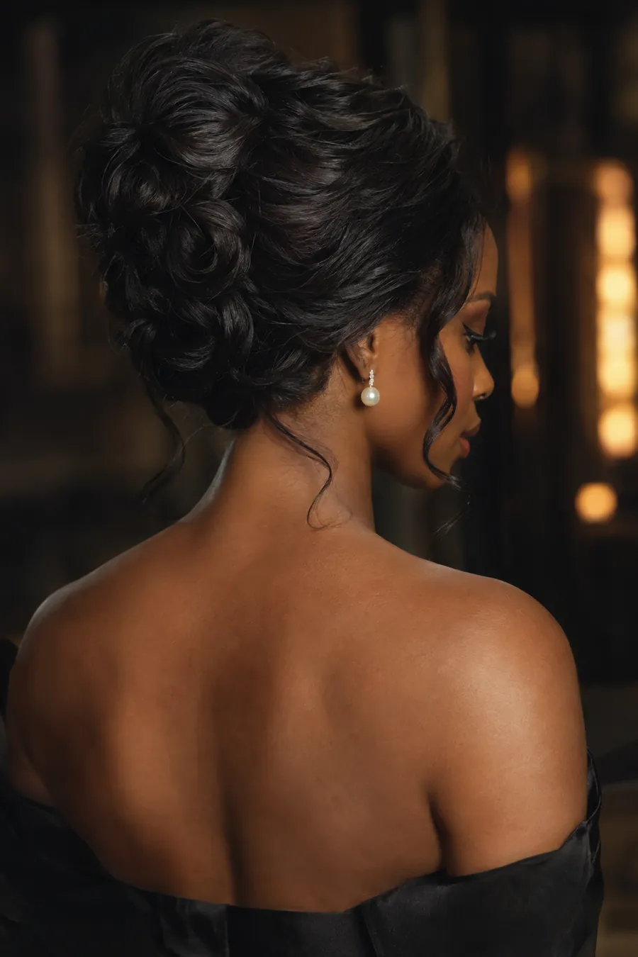 Back three-quarter view of a sculpted chignon updo with soft tendrils
