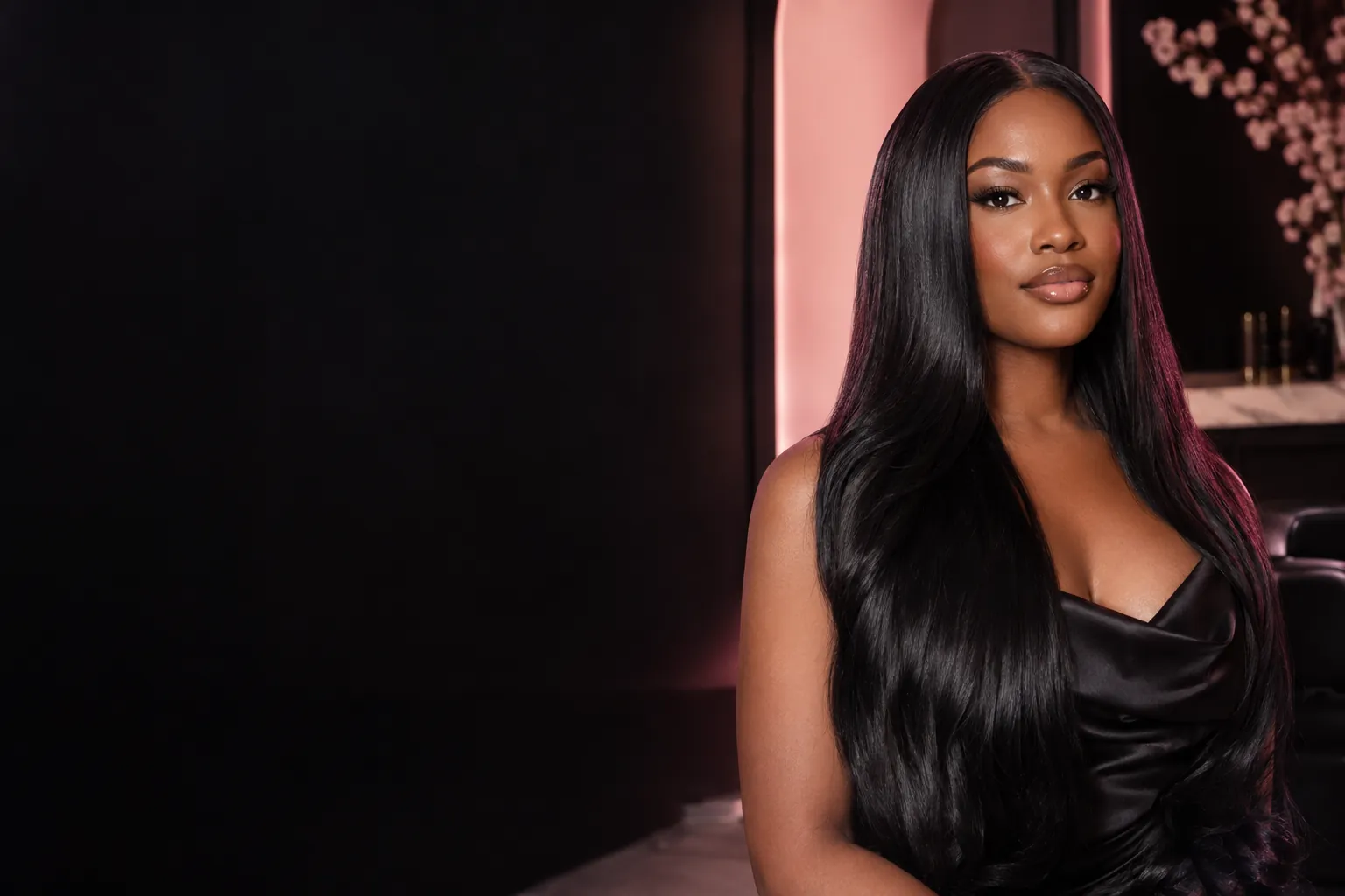 Woman with a long, glossy jet-black silk press in a black and pink luxury salon